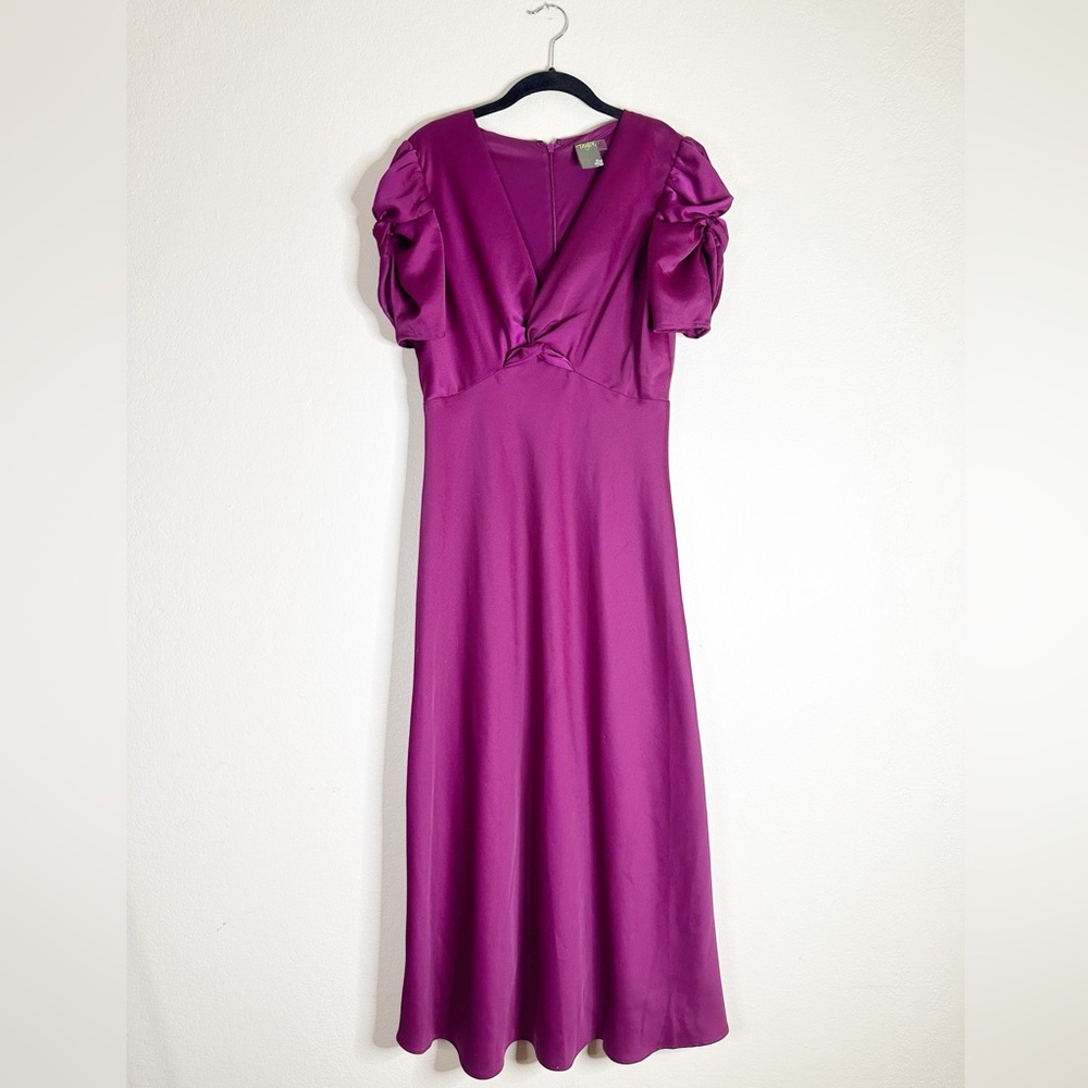 JUST...TAYLOR magenta satin ruched sleeve maxi dress 8